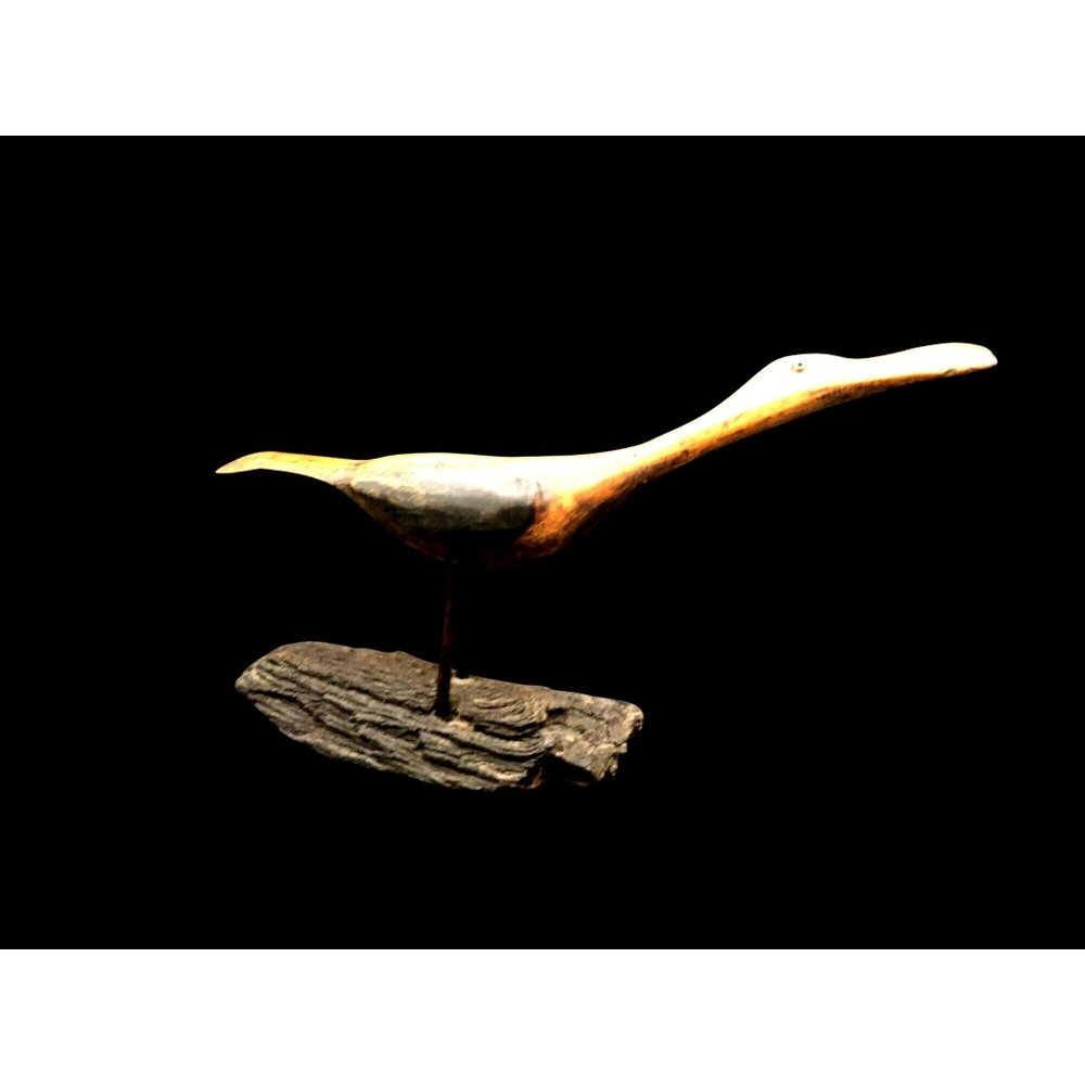 Hand-Carved Wooden Shore Bird With Turned Head On Rustic Driftwood Base 14"x8.5"